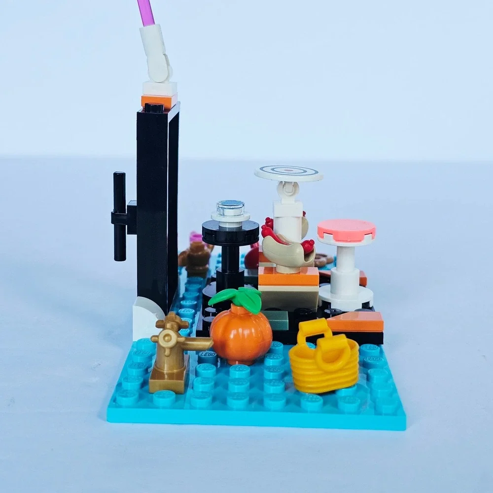 LEGO Custom Food Stand Cafe Baseplate with Hot Dogs Pretzel Fruit Accessories
